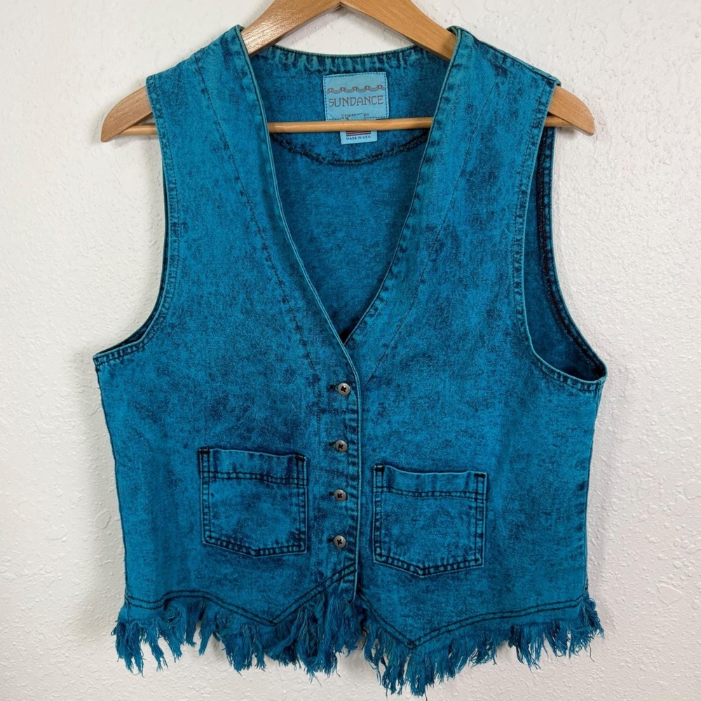 Vintage Sundance Women Large Vest Acid Wash Blue Denim Fringe‎ Western Festival